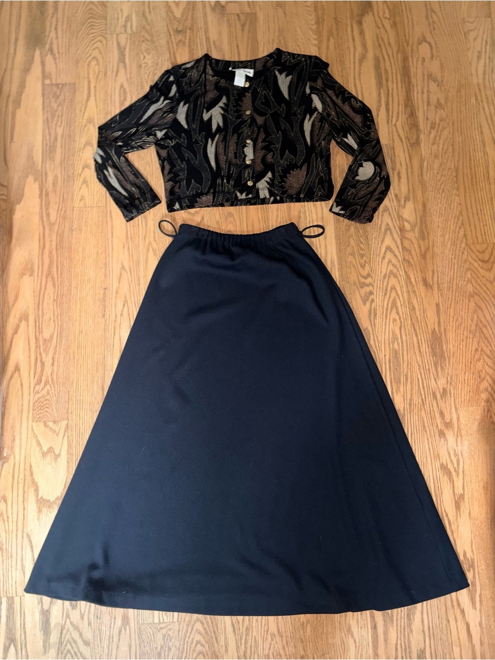 Ronni Nicole Black & Gold Velvet Patterned Crop Jacket with Navy Maxi Skirt